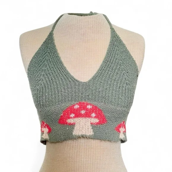 Knit crochet Halter Crop Top with Red Mushrooms - Sage Green - Picture 1 of 2